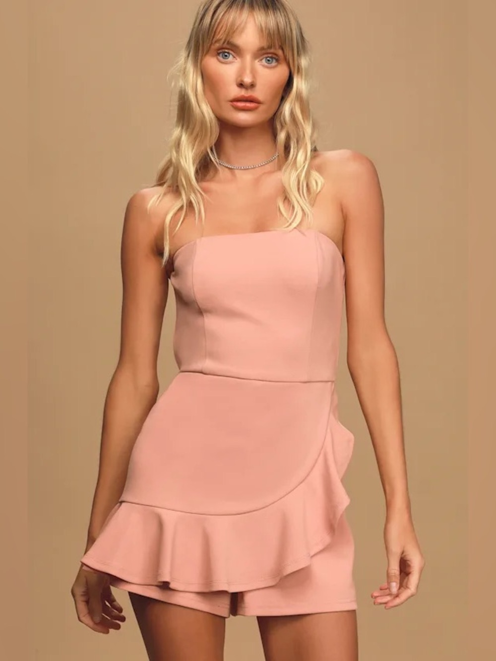 Lulus Call Me Up Blush Ruffled Strapless Skort Romper